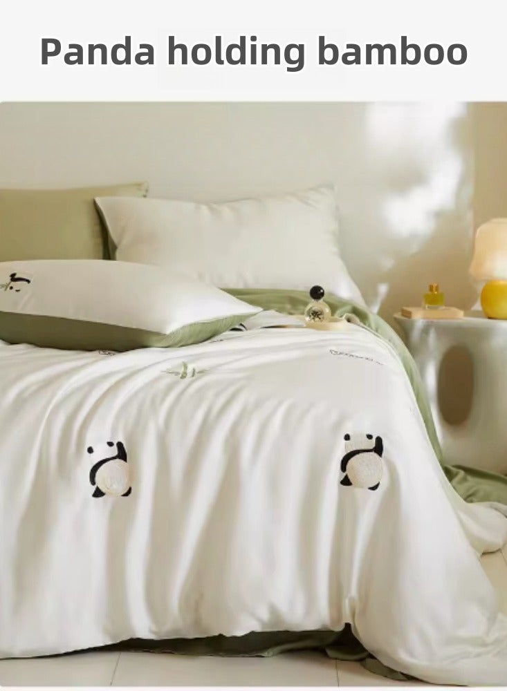 High end 60S Pro Lanjing Tencel Cartoon Embroidery Four piece Set Summer Ice Silk  Sleeping Bed Sheet Quilt Cover Bedding Suitable for 1.5m/1.8m Bed Sheet Four Piece Set - Image 1